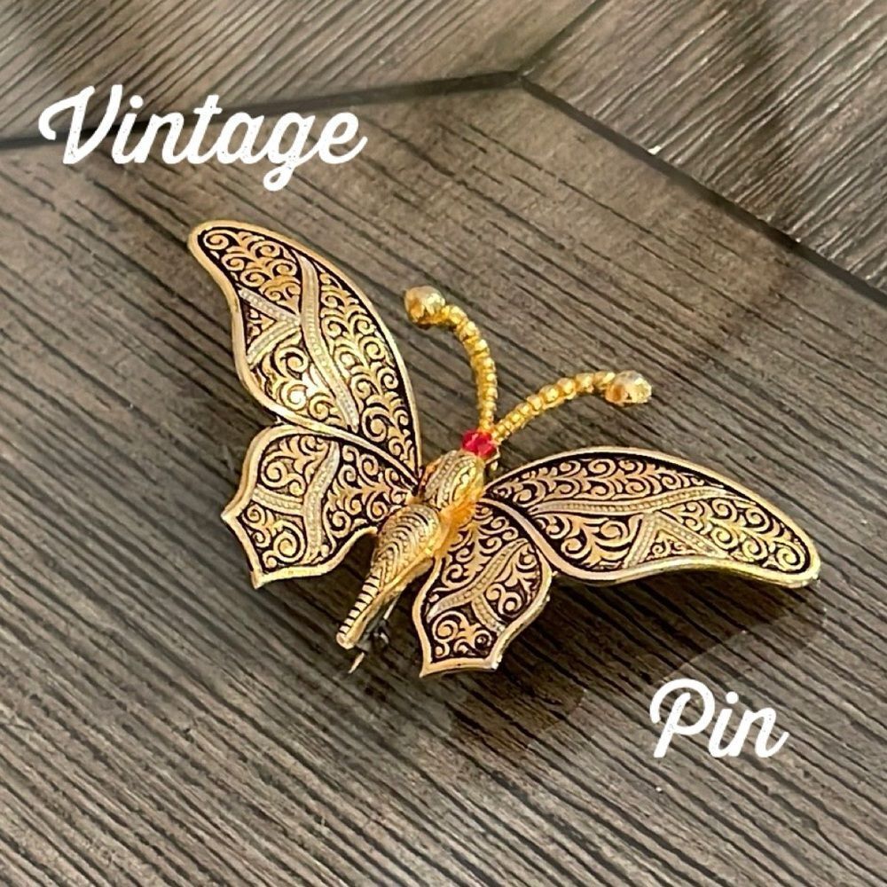Vintage Damascene Butterfly Pin - Brooch Filigree Design Marked Spain